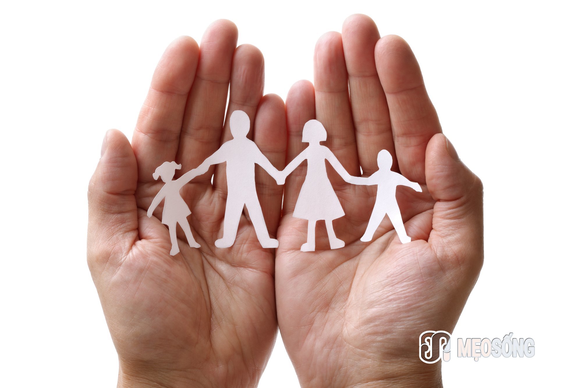 Cutout paper chain family with the protection of cupped hands, concept for security and care